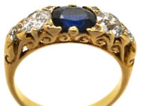 Victorian 18ct Gold, Carved Half Hoop Sapphire & Diamond Three Stone Ring