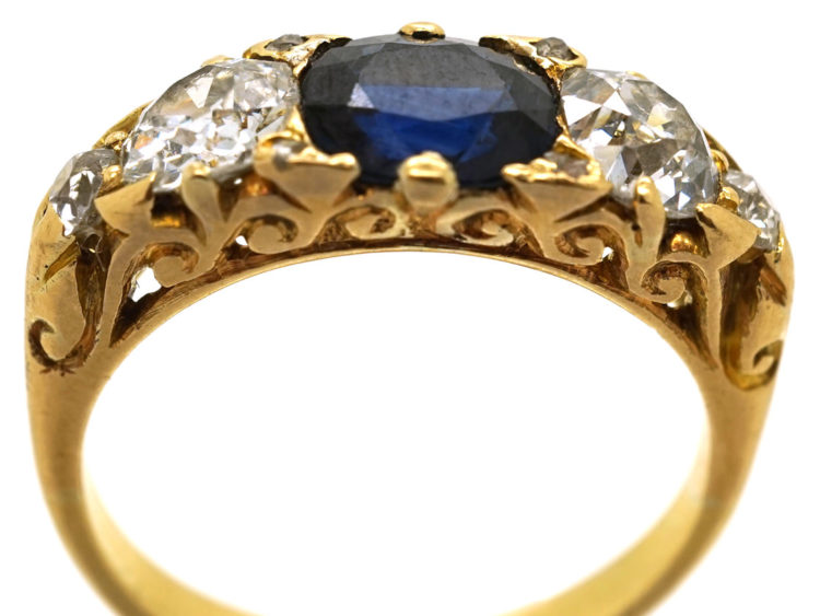 Victorian 18ct Gold, Carved Half Hoop Sapphire & Diamond Three Stone Ring