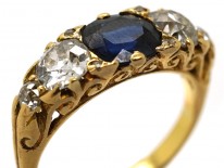Victorian 18ct Gold, Carved Half Hoop Sapphire & Diamond Three Stone Ring