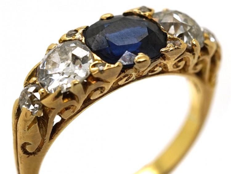 Victorian 18ct Gold, Carved Half Hoop Sapphire & Diamond Three Stone Ring