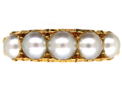Victorian 18ct Gold, Carved Half Hoop Ring Set With Natural Split Pearls