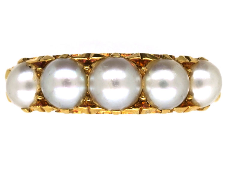 Victorian 18ct Gold, Carved Half Hoop Ring Set With Natural Split Pearls