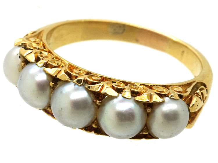Victorian 18ct Gold, Carved Half Hoop Ring Set With Natural Split Pearls