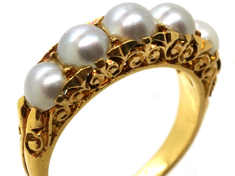 Victorian 18ct Gold, Carved Half Hoop Ring Set With Natural Split Pearls