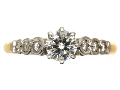 18ct Gold & Platinum, Diamond Solitaire Ring With Diamond Set Shoulders