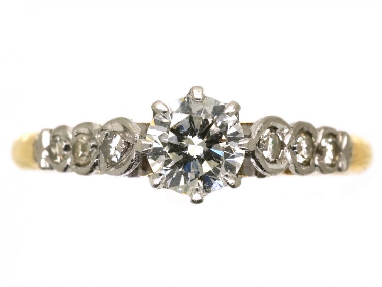 18ct Gold & Platinum, Diamond Solitaire Ring With Diamond Set Shoulders