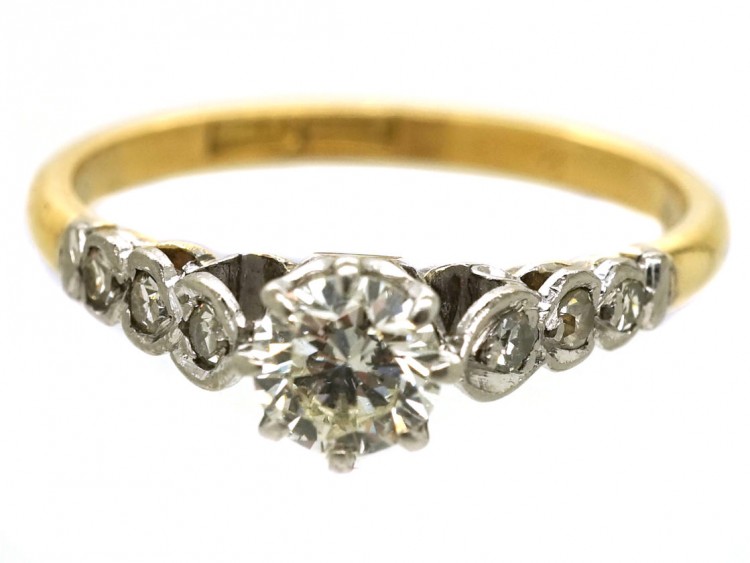 18ct Gold & Platinum, Diamond Solitaire Ring With Diamond Set Shoulders