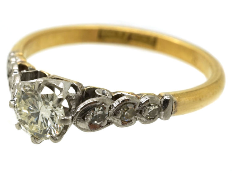 18ct Gold & Platinum, Diamond Solitaire Ring With Diamond Set Shoulders