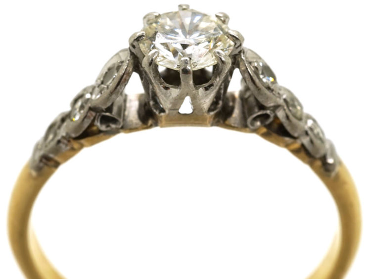 18ct Gold & Platinum, Diamond Solitaire Ring With Diamond Set Shoulders