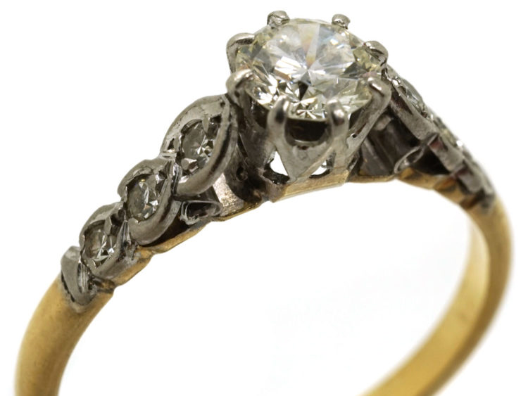 18ct Gold & Platinum, Diamond Solitaire Ring With Diamond Set Shoulders