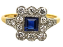 Art Deco 18ct Gold, Platinum, Sapphire & Diamond Rectangular Ring