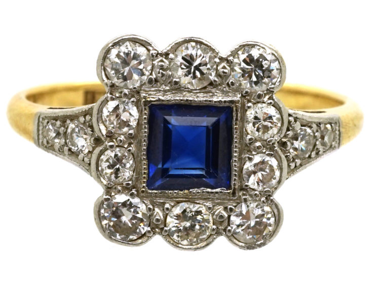 Art Deco 18ct Gold, Platinum, Sapphire & Diamond Rectangular Ring