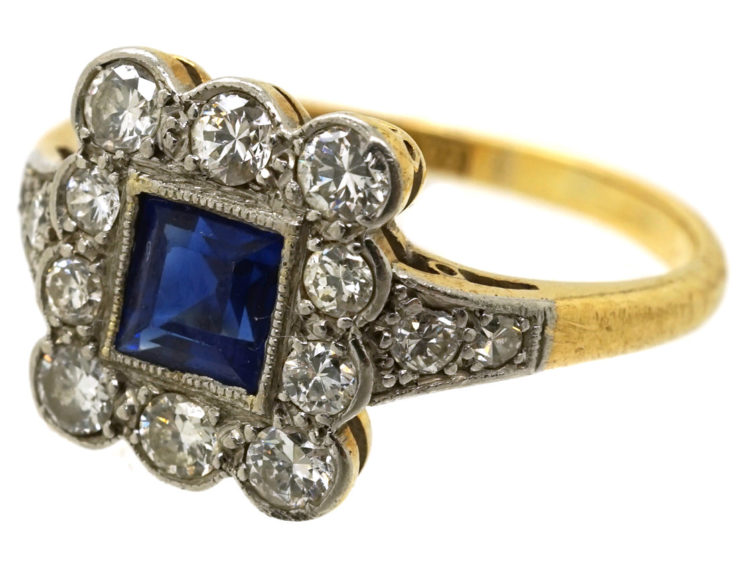 Art Deco 18ct Gold, Platinum, Sapphire & Diamond Rectangular Ring