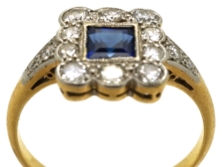 Art Deco 18ct Gold, Platinum, Sapphire & Diamond Rectangular Ring