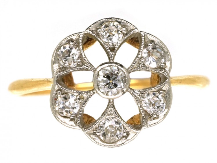 Edwardian 18ct Gold & Platinum Diamond Set Pierced Daisy Ring