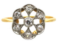 Edwardian 18ct Gold & Platinum Diamond Set Pierced Daisy Ring