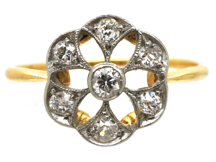 Edwardian 18ct Gold & Platinum Diamond Set Pierced Daisy Ring