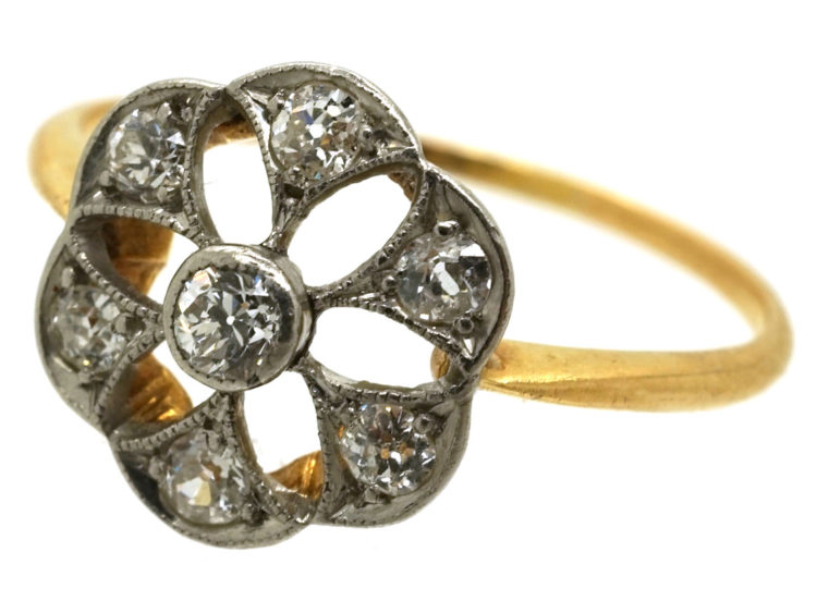 Edwardian 18ct Gold & Platinum Diamond Set Pierced Daisy Ring