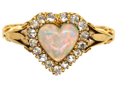 Edwardian 18ct Gold, Opal & Diamond Heart Shaped Ring