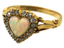 Edwardian 18ct Gold, Opal & Diamond Heart Shaped Ring