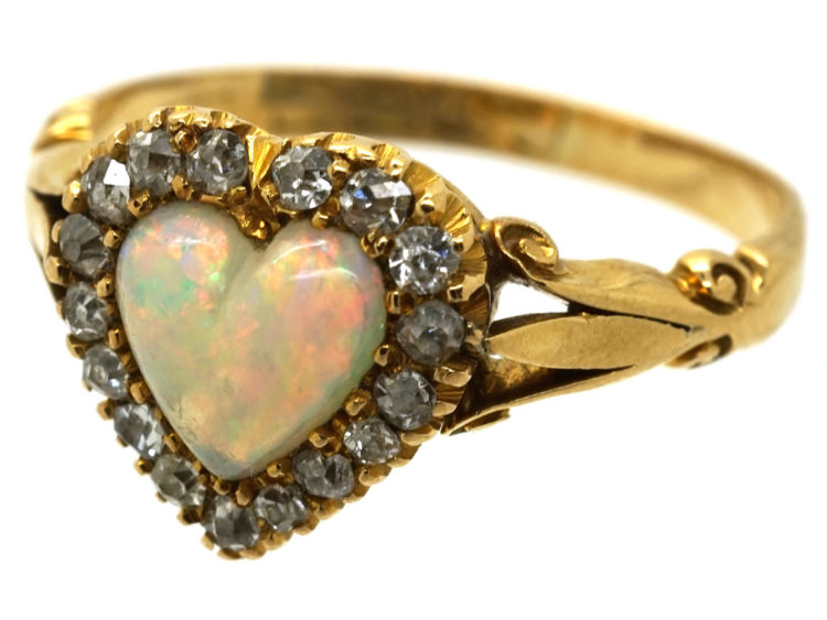 Edwardian 18ct Gold, Opal & Diamond Heart Shaped Ring
