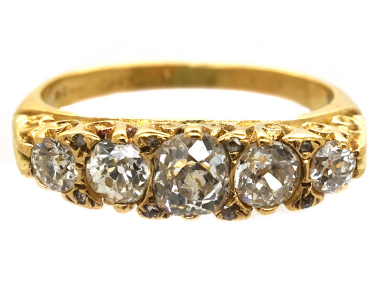 Victorian 18ct Gold Five Stone Diamond Carved Half Hoop Ring