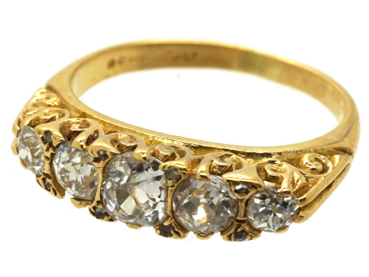 Victorian 18ct Gold Five Stone Diamond Carved Half Hoop Ring