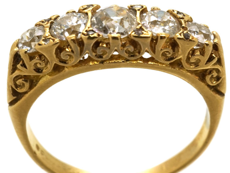Victorian 18ct Gold Five Stone Diamond Carved Half Hoop Ring