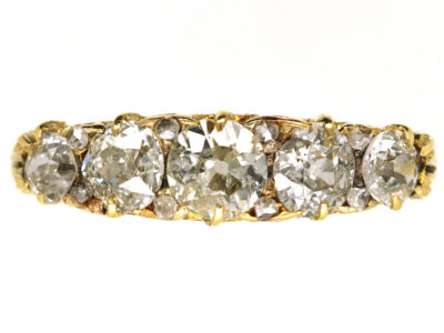 Victorian 18ct Gold Five Stone Diamond Carved Half Hoop Ring With Reeded Shank