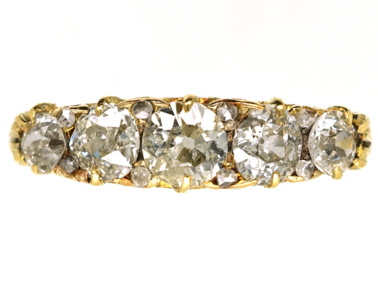 Victorian 18ct Gold Five Stone Diamond Carved Half Hoop Ring With Reeded Shank