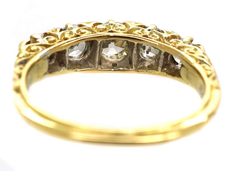 Victorian 18ct Gold Five Stone Diamond Carved Half Hoop Ring With Reeded Shank