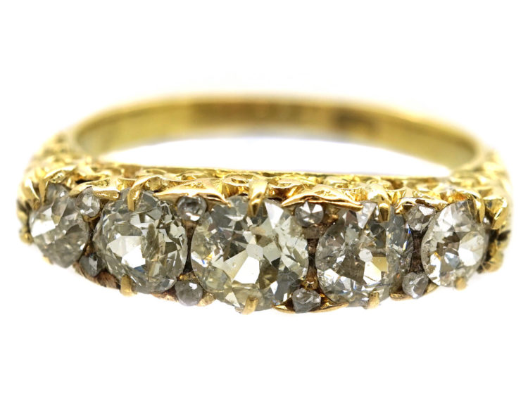 Victorian 18ct Gold Five Stone Diamond Carved Half Hoop Ring With Reeded Shank