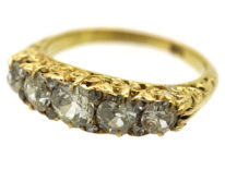Victorian 18ct Gold Five Stone Diamond Carved Half Hoop Ring With Reeded Shank
