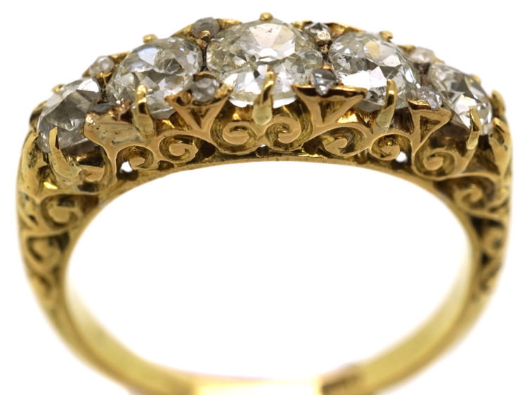 Victorian 18ct Gold Five Stone Diamond Carved Half Hoop Ring With Reeded Shank