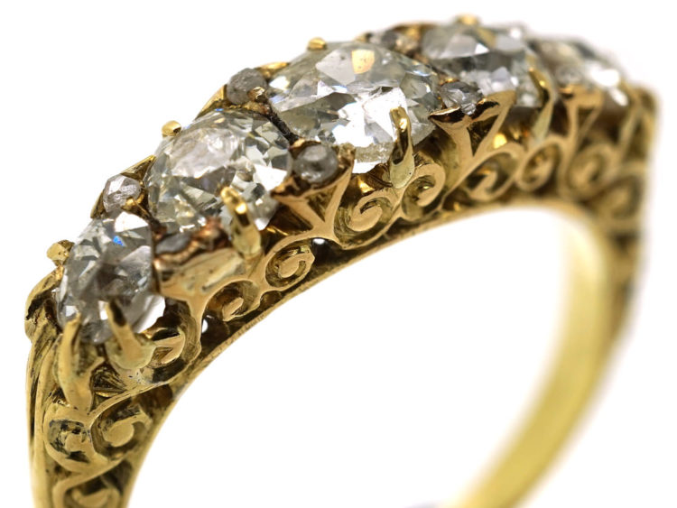Victorian 18ct Gold Five Stone Diamond Carved Half Hoop Ring With Reeded Shank