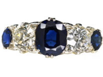 Victorian 18ct Gold Five Stone Sapphire & Diamond Carved Half Hoop Ring