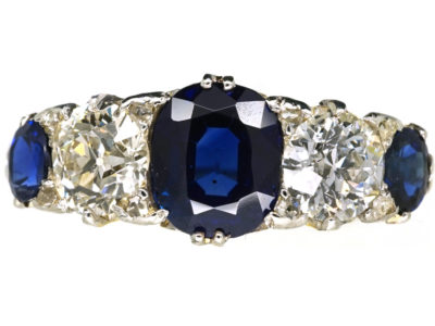 Victorian 18ct Gold Five Stone Sapphire & Diamond Carved Half Hoop Ring