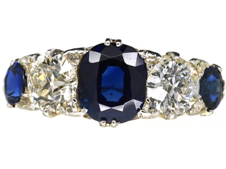 Victorian 18ct Gold Five Stone Sapphire & Diamond Carved Half Hoop Ring
