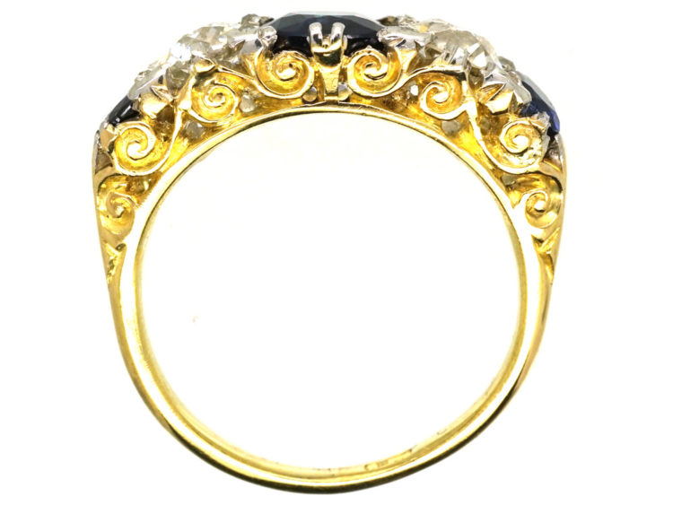 Victorian 18ct Gold Five Stone Sapphire & Diamond Carved Half Hoop Ring