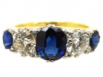 Victorian 18ct Gold Five Stone Sapphire & Diamond Carved Half Hoop Ring