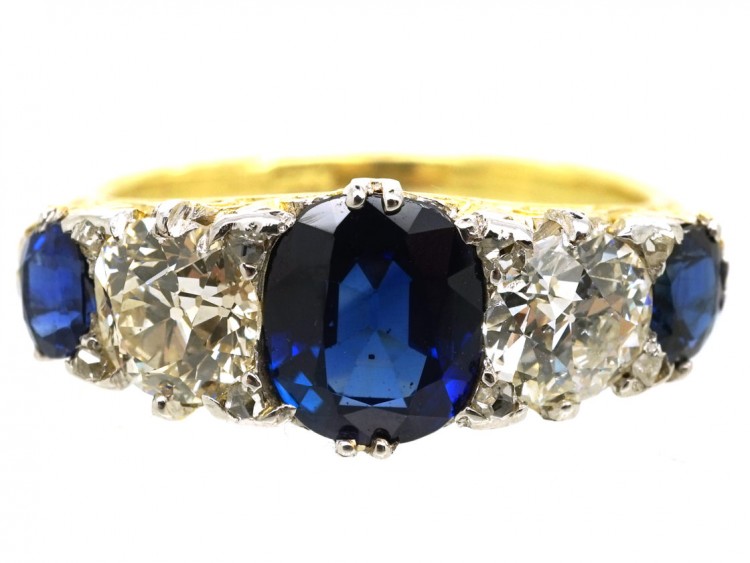 Victorian 18ct Gold Five Stone Sapphire & Diamond Carved Half Hoop Ring