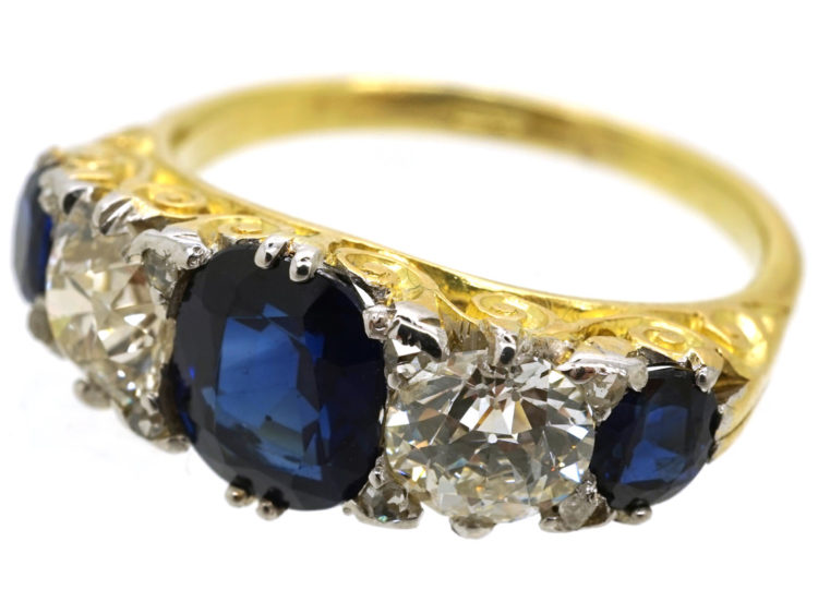 Victorian 18ct Gold Five Stone Sapphire & Diamond Carved Half Hoop Ring