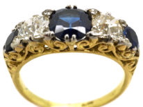 Victorian 18ct Gold Five Stone Sapphire & Diamond Carved Half Hoop Ring