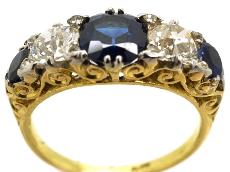 Victorian 18ct Gold Five Stone Sapphire & Diamond Carved Half Hoop Ring