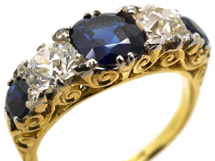 Victorian 18ct Gold Five Stone Sapphire & Diamond Carved Half Hoop Ring