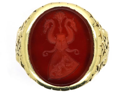 14ct Gold Signet Ring With Carnelian Intaglio of Two Swans & A Bear