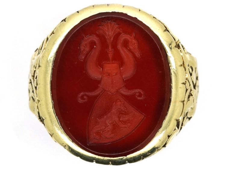 14ct Gold Signet Ring With Carnelian Intaglio of Two Swans & A Bear