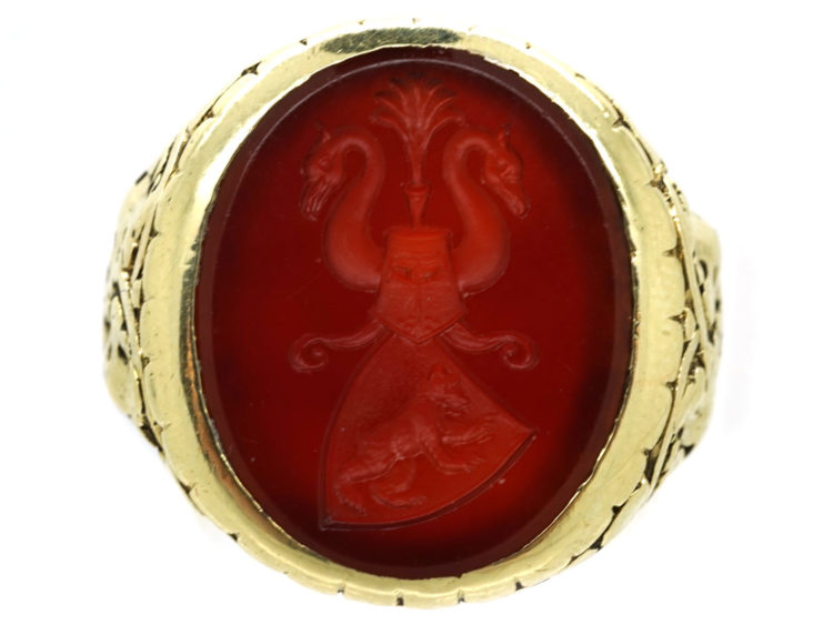 14ct Gold Signet Ring With Carnelian Intaglio of Two Swans & A Bear