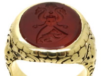 14ct Gold Signet Ring With Carnelian Intaglio of Two Swans & A Bear