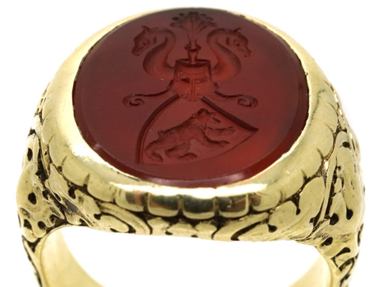 14ct Gold Signet Ring With Carnelian Intaglio of Two Swans & A Bear